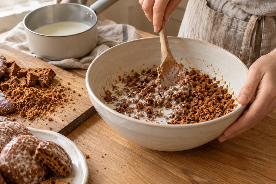 Lebkuchen werden sehr fein zerbröselt und mit warmer Milch vermischt