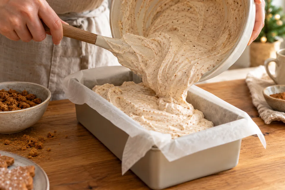 Lebkuchencreme mit untergehobener Sahne wird in eine ausgelegte Kastenform gefüllt