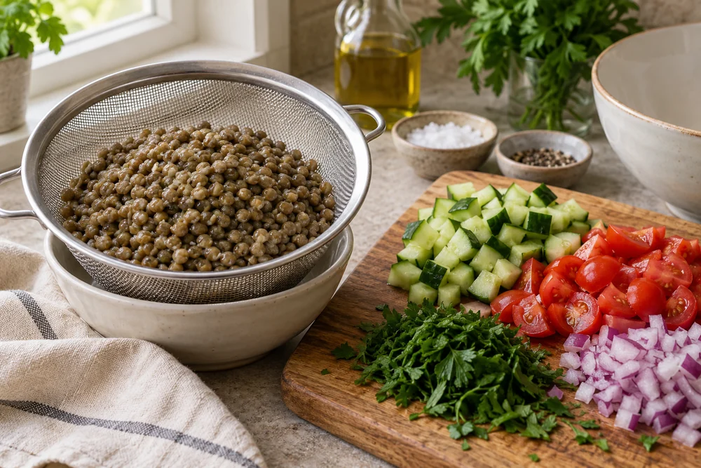 Linsen-Feta-Salat mit Gurke: Vorbereitung der Zutaten