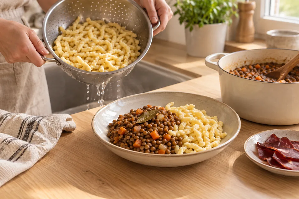 Schwäbische Linsen mit Spätzle und Pastırma – Zubereitungsschritt 4