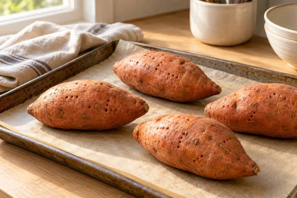 Loaded Sweet Potatoes mit schwarzen Bohnen: Ofen auf 210 °C Ober-/Unterhitze vorheizen