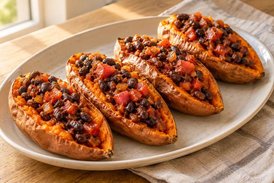 Loaded Sweet Potatoes mit schwarzen Bohnen: Weiche Süßkartoffeln längs aufschneiden und das Innere mit einer Gabel etwas auflockern