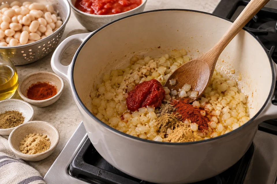 Loubia – weiße Bohnen in würziger Tomatensauce: Zwiebeln und Gewürze anschwitzen.
