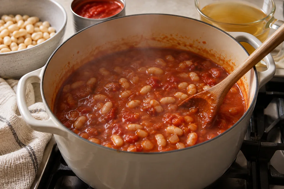 Loubia – weiße Bohnen in würziger Tomatensauce: Sauce köcheln lassen.