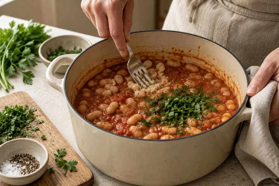 Loubia – weiße Bohnen in würziger Tomatensauce: Sämig machen und servieren.