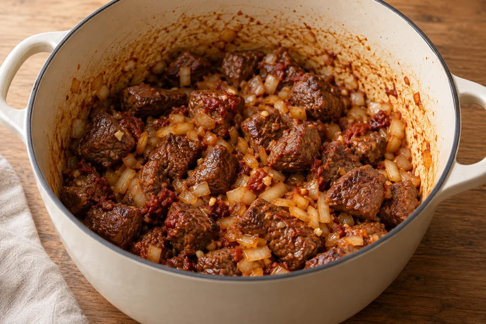 Angebräunte Rindfleischwürfel mit Zwiebeln, Ingwer und Tomatenmark