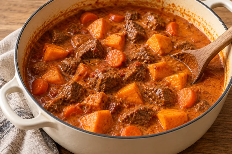 Rindfleisch, Karotten und Süßkartoffeln schmoren in Tomaten-Erdnusssauce