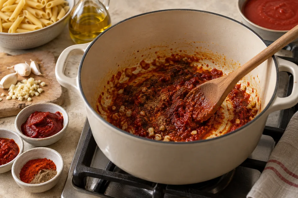 Makrouna mit würziger Tomaten-Harissa-Sauce: Würzbasis anrösten.