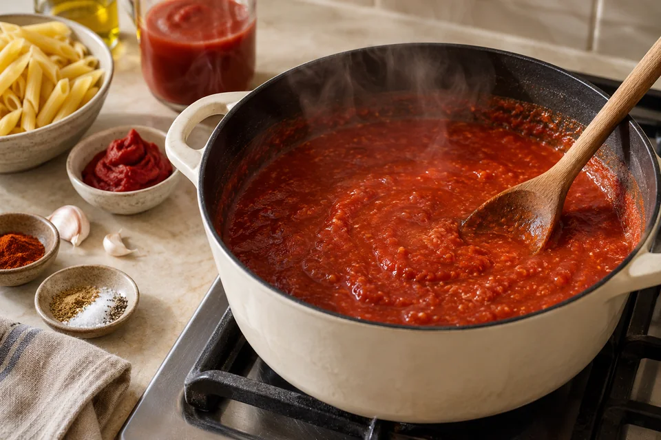 Makrouna mit würziger Tomaten-Harissa-Sauce: Sauce langsam kochen.