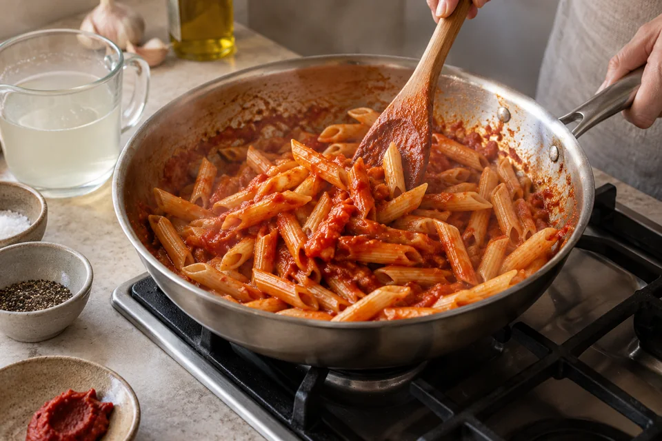 Makrouna mit würziger Tomaten-Harissa-Sauce: Pasta darin schwenken.