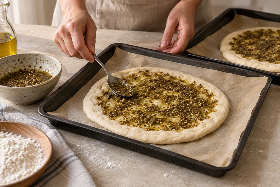 Manakish mit Za’atar und Olivenöl: Fladen belegen.