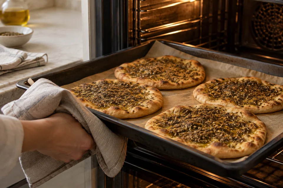 Manakish mit Za’atar und Olivenöl: Heiß backen.