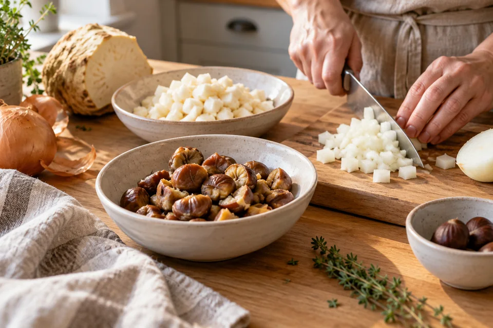 Vorgegarte Maronen, Selleriewürfel und Zwiebeln werden für die Suppe vorbereitet