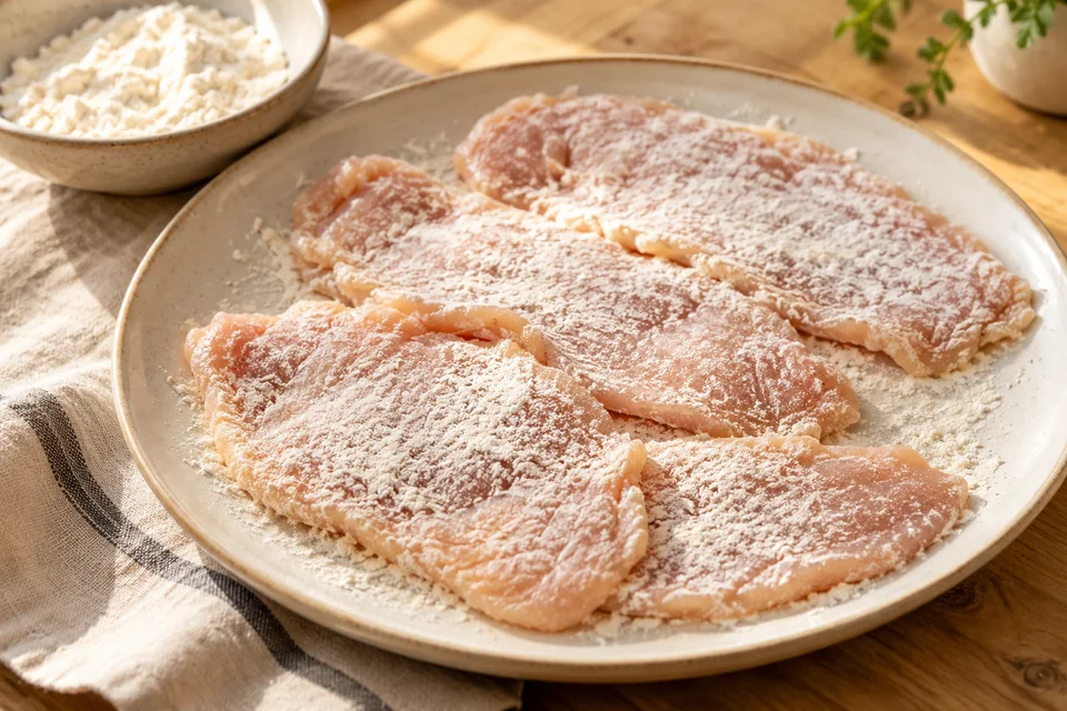 Marry Me Chicken mit Spinat: Hähnchenbrüste waagerecht halbieren, sodass dünne Schnitzel entstehen