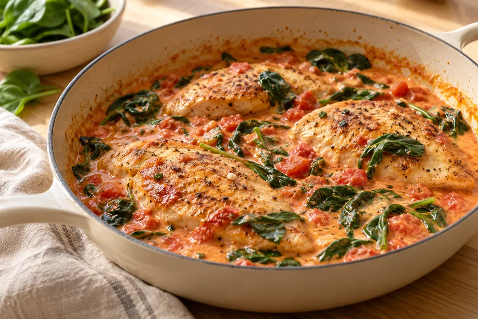 Marry Me Chicken mit Spinat: Spinat portionsweise in der Sauce zusammenfallen lassen