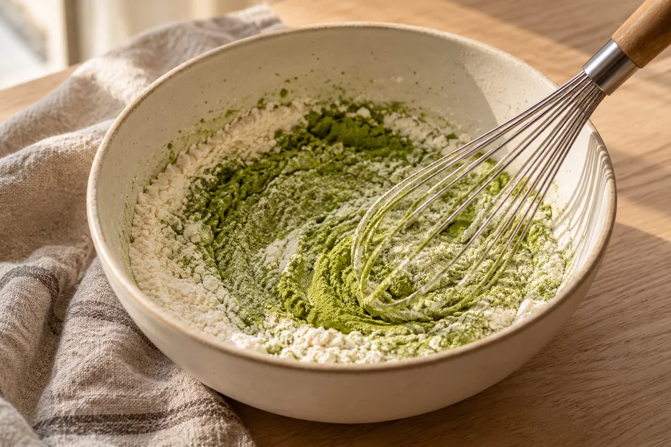 Matcha Cookies mit weißer Schokolade: Mehl, Matcha, Backpulver und Salz gründlich mischen und zur Buttermasse sieben