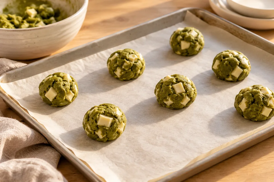 Matcha Cookies mit weißer Schokolade: Teig in 16 Portionen teilen und zu Kugeln formen