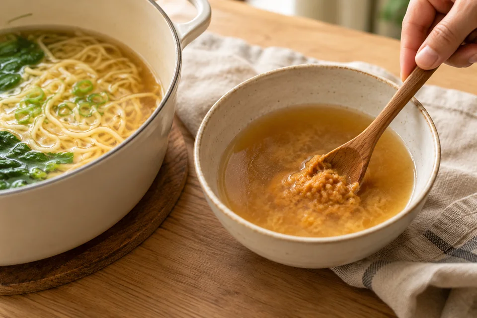 Miso-Ramen mit Pilzen und Ei: Topf vom Herd nehmen