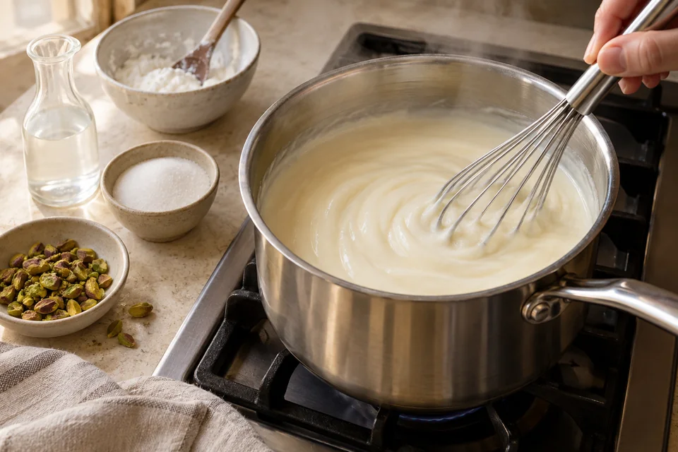Mouhalabieh mit Orangenblüte und Pistazien: Pudding kochen.