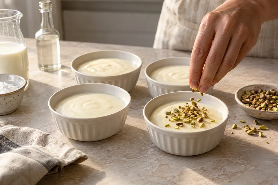 Mouhalabieh mit Orangenblüte und Pistazien: Kalt stellen und bestreuen.