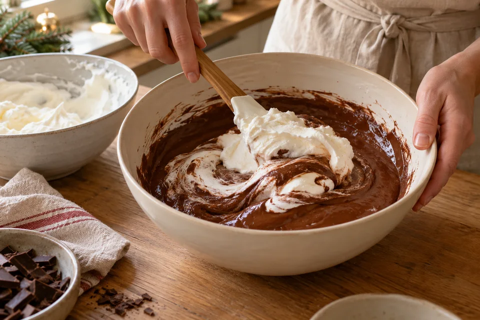 Geschlagene Sahne wird vorsichtig unter lauwarme Schokoladencreme gehoben