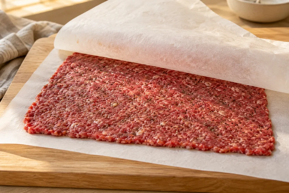 Döner aus dem Backofen – Ofen-Döner mit Rind: Hack mit ausgedrückter Zwiebel, der Hälfte des Knoblauchs, Gewürzen, Salz und Pfeffer gründlich verkneten
