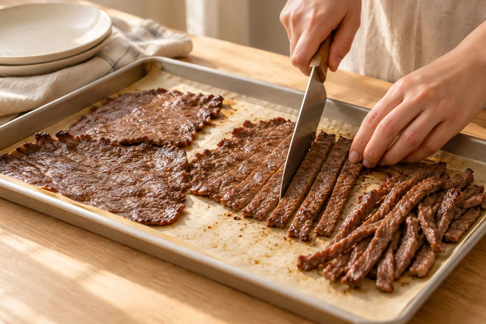 Döner aus dem Backofen – Ofen-Döner mit Rind: Gegarte Platten in dünne Streifen schneiden