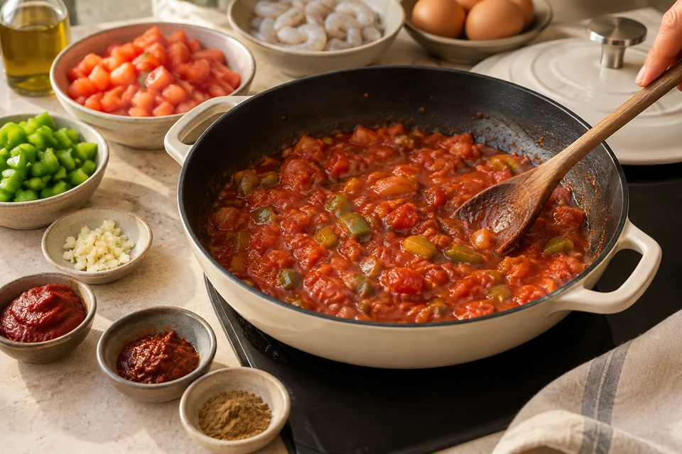 Ojja mit Garnelen in würziger Tomatensauce: Tomatengrundlage ansetzen.