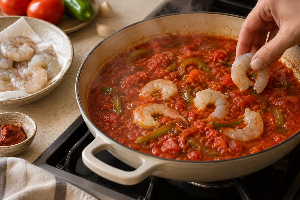 Ojja mit Garnelen in würziger Tomatensauce: Sauce einkochen und Garnelen zugeben.