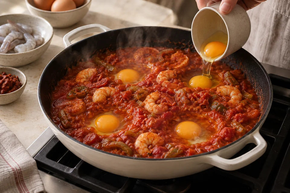 Ojja mit Garnelen in würziger Tomatensauce: Eier sanft garen.