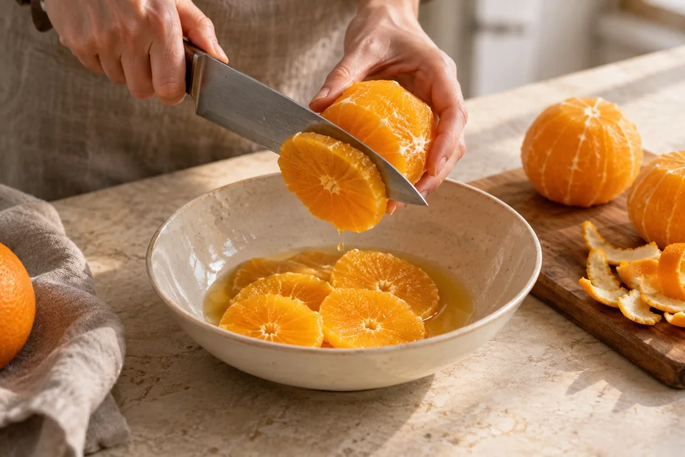 Orangensalat mit Zimt und Orangenblüte: Orangen vorbereiten.