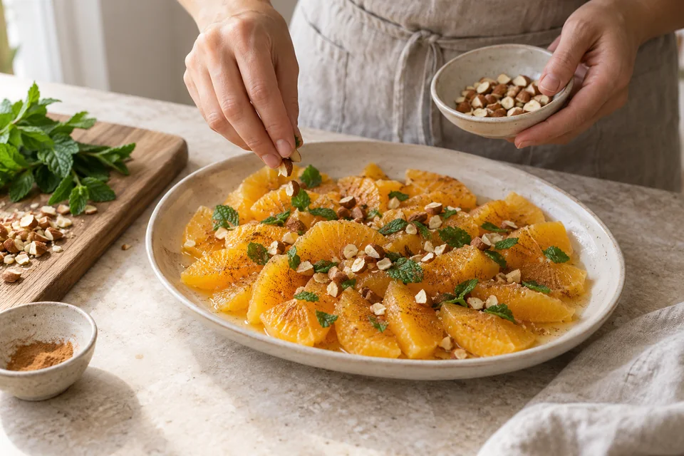 Orangensalat mit Zimt und Orangenblüte: Mit Mandeln servieren.