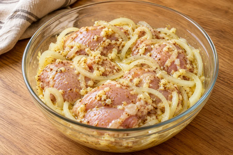 Hähnchen und Zwiebelstreifen in Zitronen-Senf-Marinade