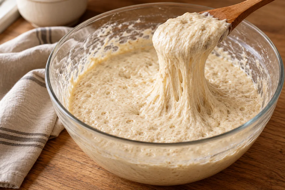 Aufgegangener dickflüssiger Puff-Puff-Hefeteig mit sichtbaren Blasen
