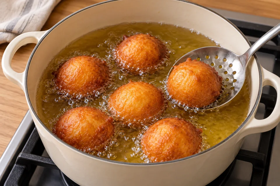 Kleine goldbraune Puff-Puff-Hefeteigbällchen beim Frittieren