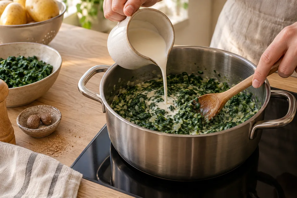 Rahmspinat mit Kartoffeln und Spiegelei – Zubereitungsschritt 2