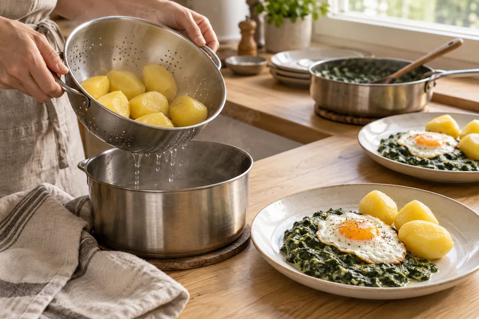 Rahmspinat mit Kartoffeln und Spiegelei – Zubereitungsschritt 4