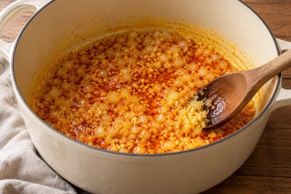Zwiebeln, Ingwer und Knoblauch dünsten in rotem Palmöl