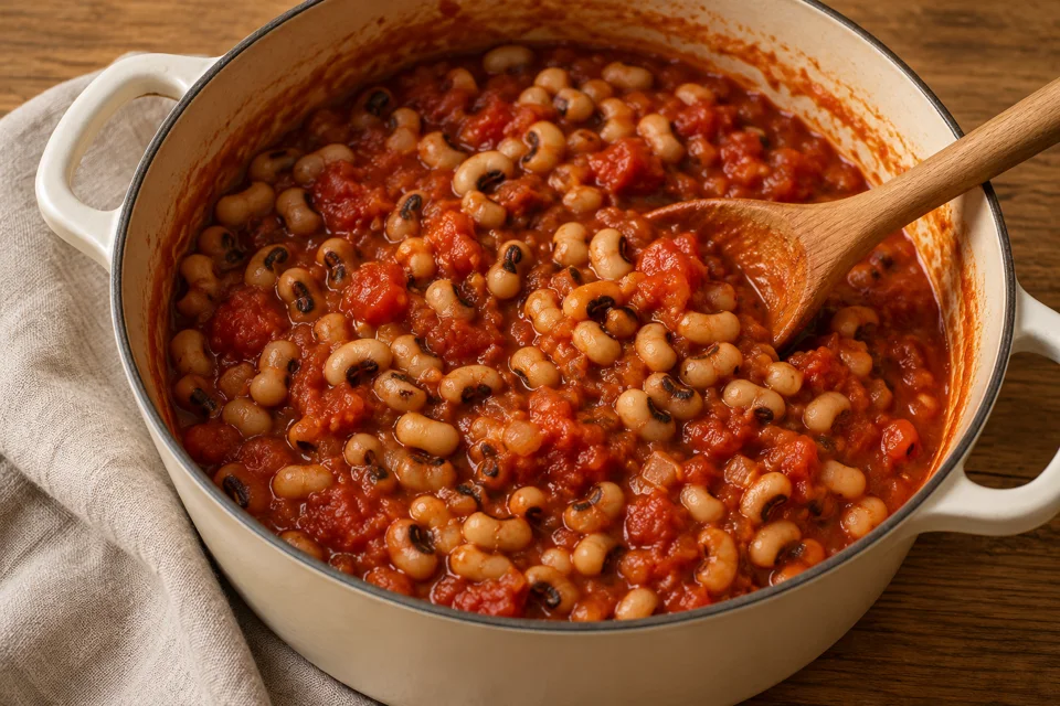 Schwarzaugenbohnen werden unter die eingekochte Tomatensauce gehoben