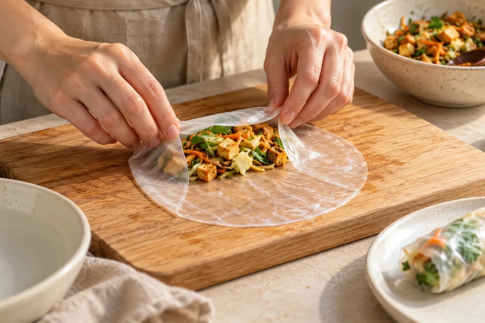 Knusprige Reispapier-Taschen – Rice Paper Dumplings: Reispapierblätter einzeln wenige Sekunden in lauwarmes Wasser tauchen und auf eine feuchte Unterlage legen