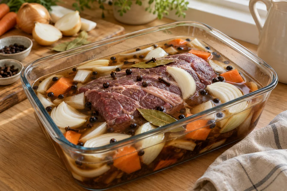 Ein Rinderbraten liegt in kalter Essig-Gewürz-Marinade mit Zwiebeln