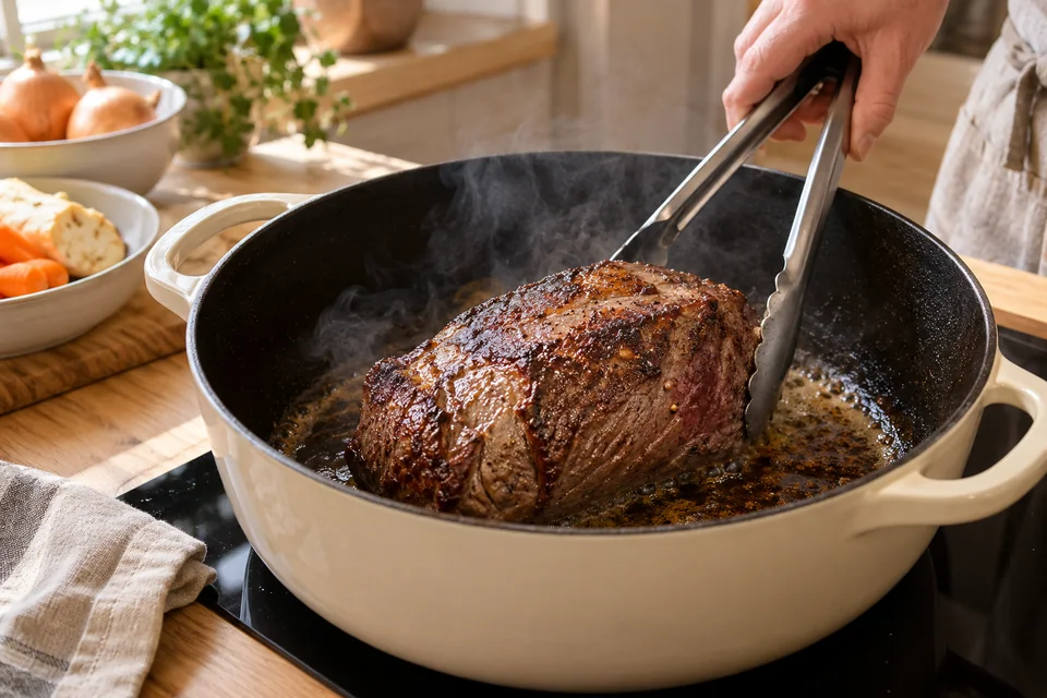 Ein trocken getupfter Rinderbraten wird im Bräter kräftig angebraten