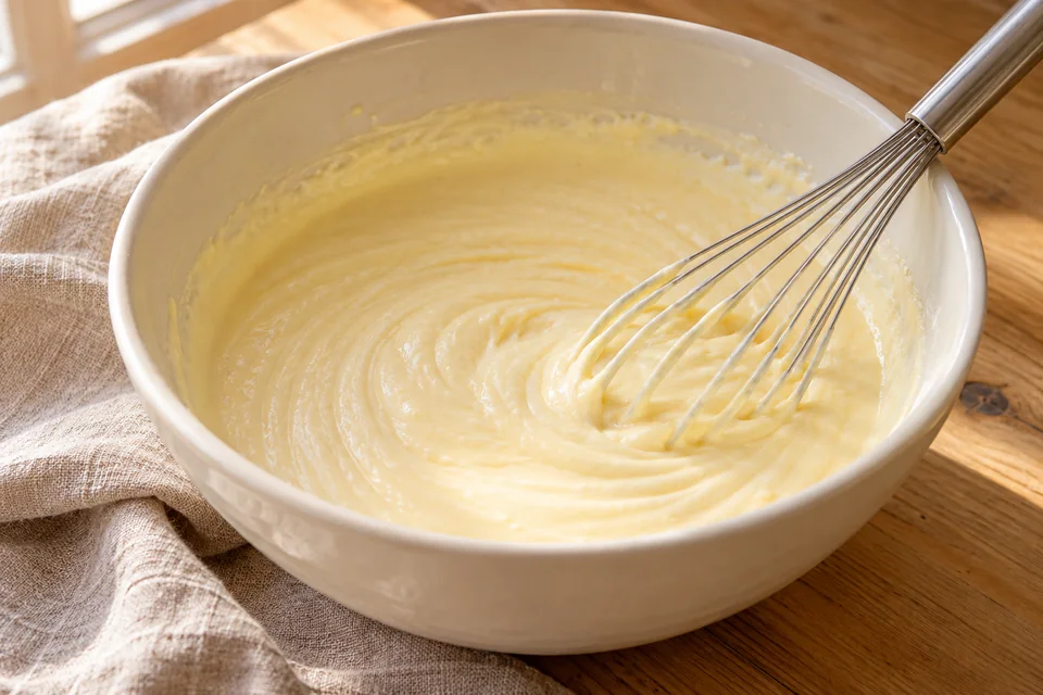 San Sebastián Cheesecake – Basque Burnt Cheesecake: Frischkäse und Zucker auf niedriger Stufe glatt rühren