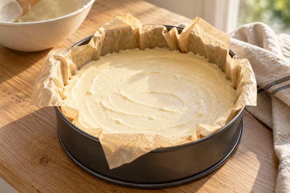 San Sebastián Cheesecake – Basque Burnt Cheesecake: Masse in die Form gießen und die Form vorsichtig auf die Arbeitsplatte klopfen, damit große Luftblasen aufsteigen