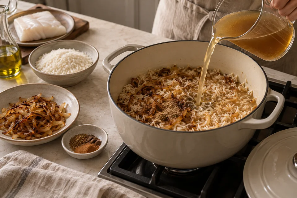 Sayadieh – Gewürzreis mit Fisch und goldenen Zwiebeln: Gewürzreis garen.