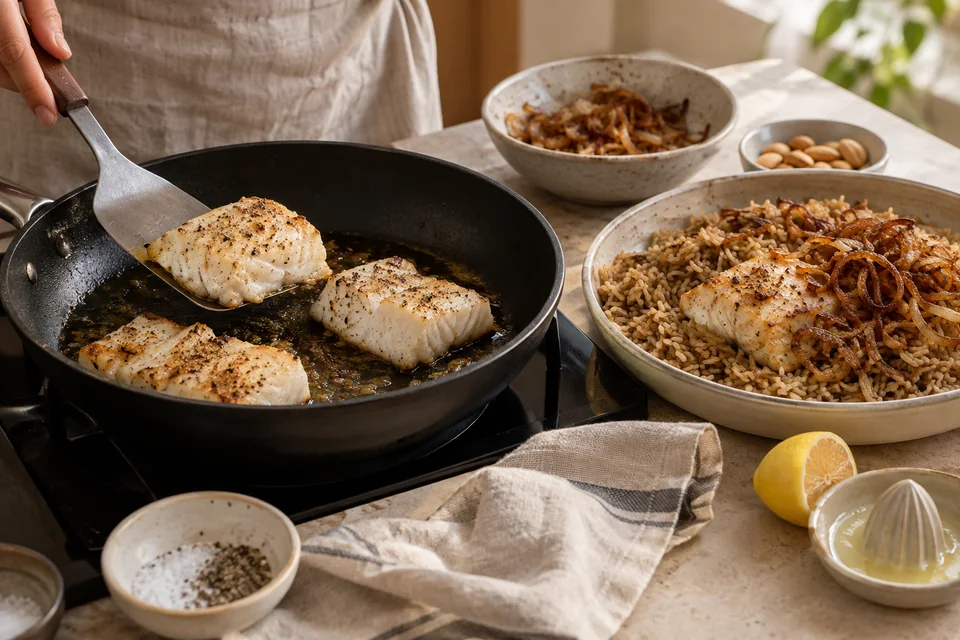 Sayadieh – Gewürzreis mit Fisch und goldenen Zwiebeln: Fisch braten und anrichten.