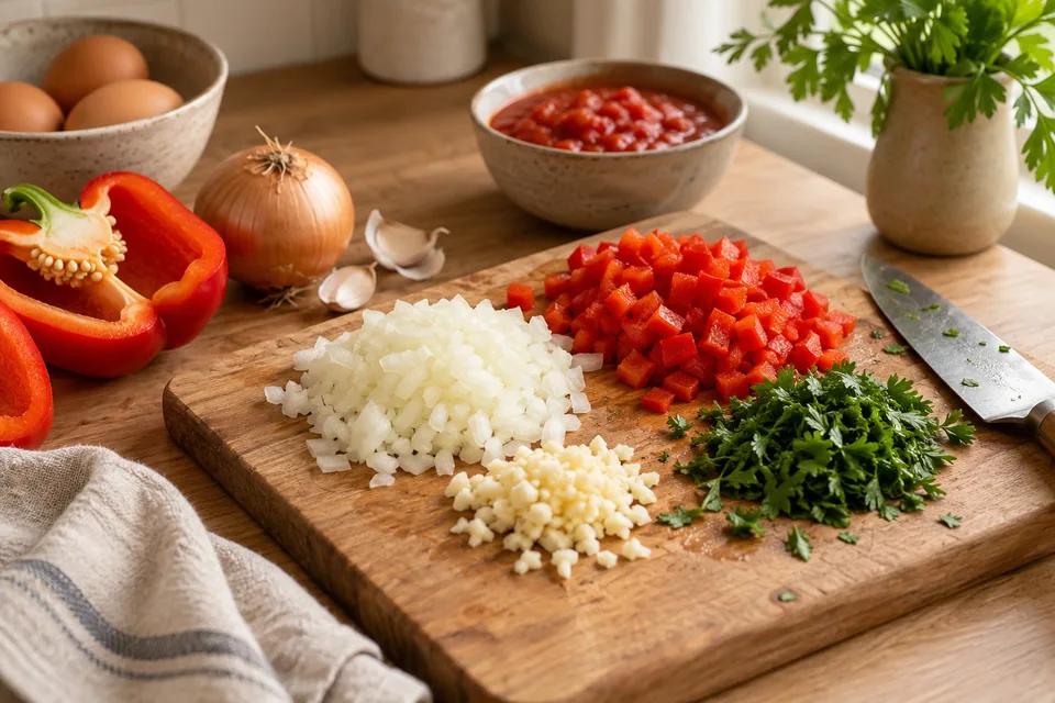 Shakshuka mit Paprika und Tomaten – Einblick in Zubereitungsschritt 1