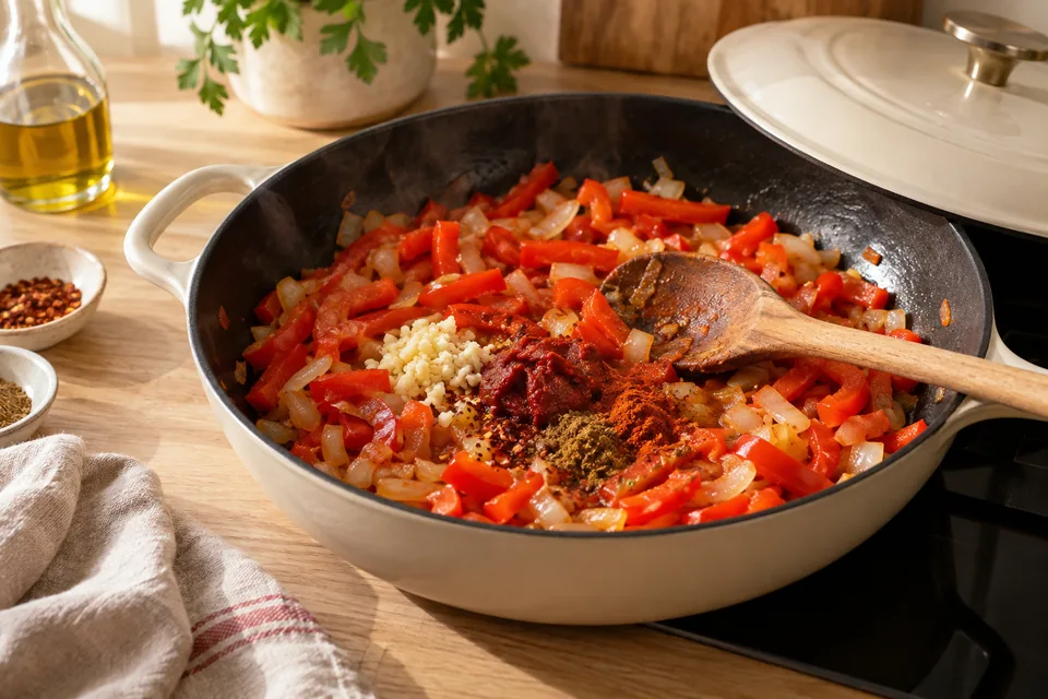 Shakshuka mit Paprika und Tomaten – Einblick in Zubereitungsschritt 2