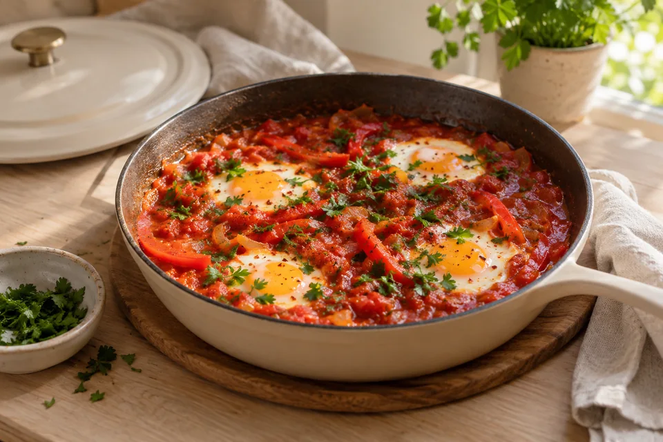 Shakshuka mit Paprika und Tomaten – Einblick in Zubereitungsschritt 4
