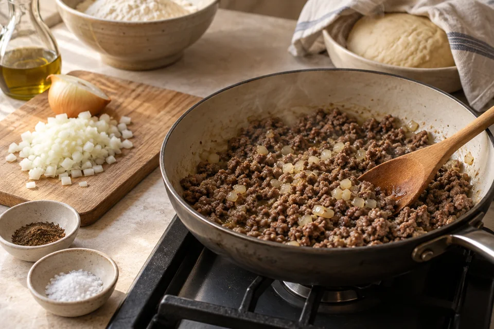 Shish Barak – Fleischteigtaschen in Joghurtsauce: Teig und Füllung vorbereiten.